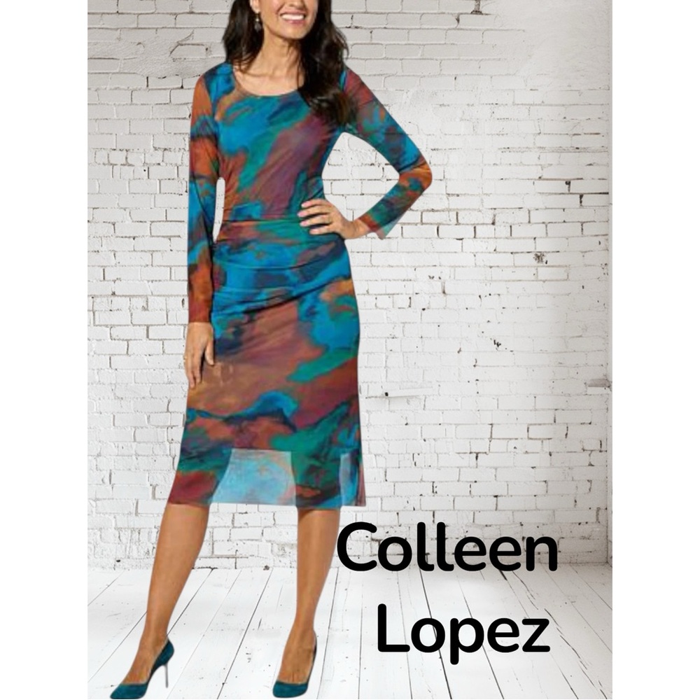 Colleen Lopez Artsy Teal Abstract Mesh Midi Dress Modern Chic Long Sleeve XL